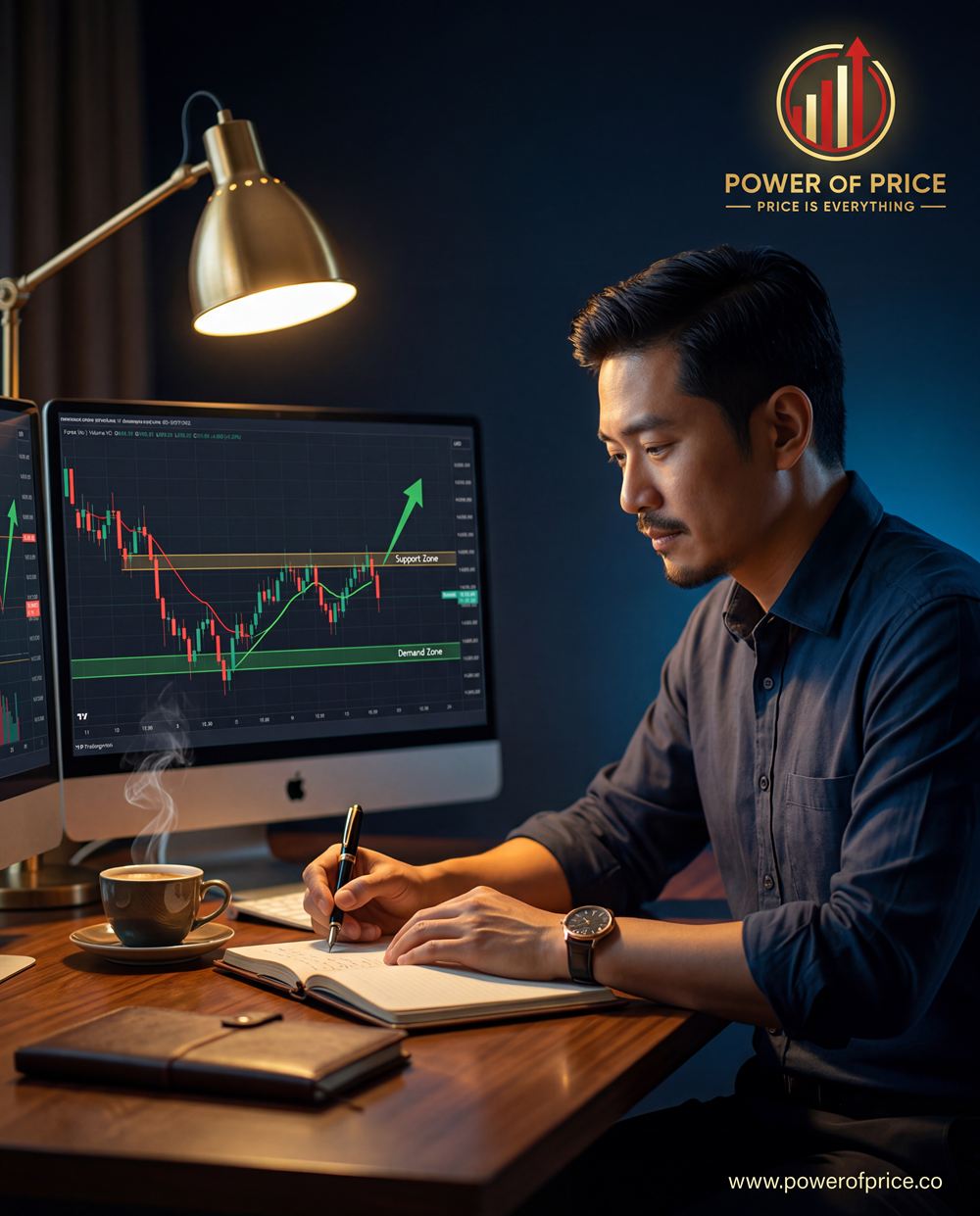 A trader reviewing a recovering chart and writing notes in a journal