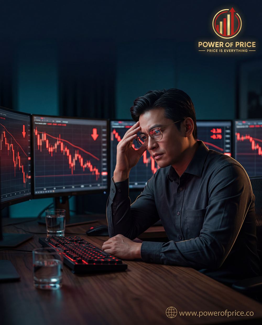 A trader resting his head in his hand in front of screens full of red charts
